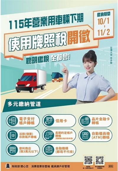 115年營業用車輛下期使用牌照稅於10月1日開徵囉!